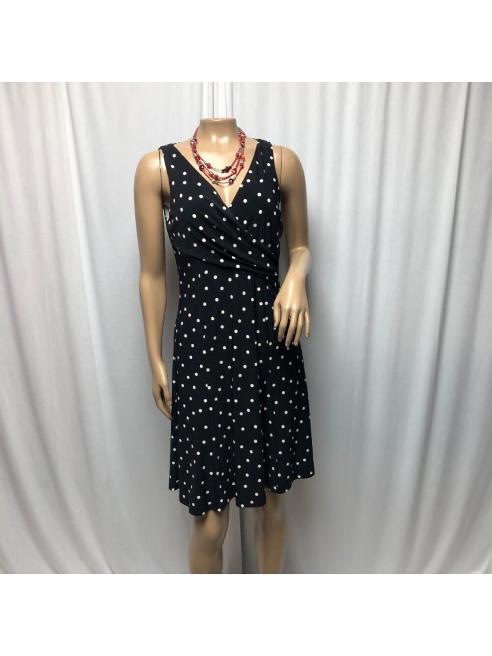 Chaps Dress Womens Small Black White Polka Dot Stretch Sleeveless Fit Flare